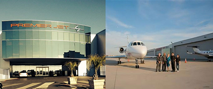 Left: Premer Jet building, Right: Staff in front of a jet